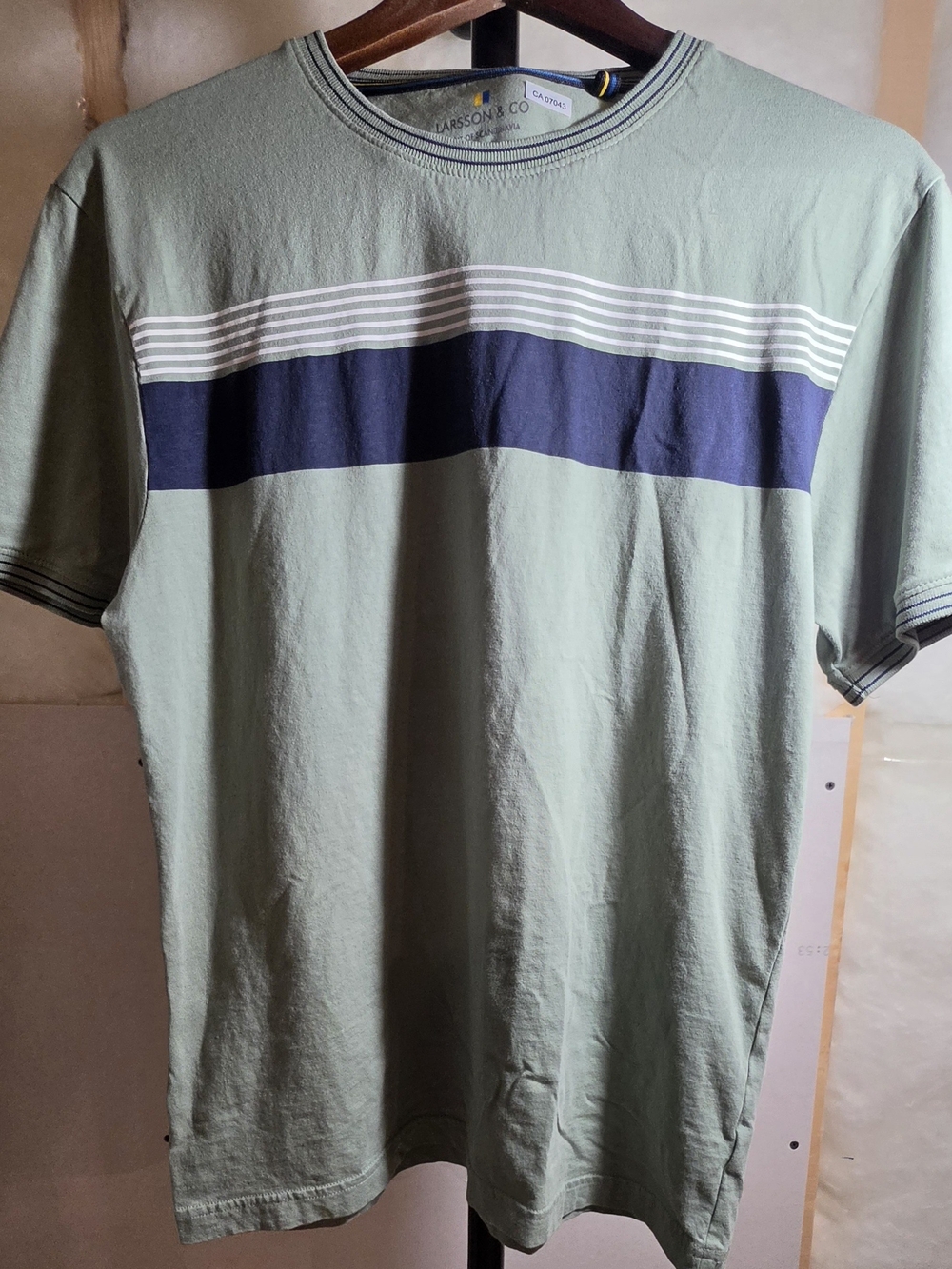 Sage Green Short Sleeve Crew with Navy Stripe